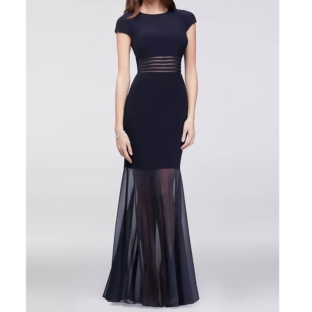 NW Nightway Navy Blue Chiffon Illusion Mermaid Dress Jersey Long Flirty Gown